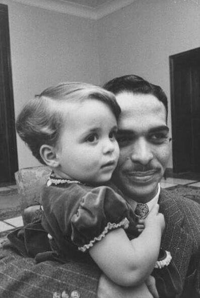 Hussein & Alia — HLM King Hussein holding his daughter princess Alia (1958)